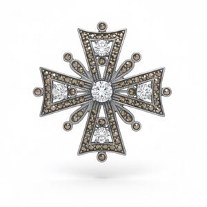 Vintage Sterling Silver Gothic Marcasite & Rhinestones Maltese Cross Pendant